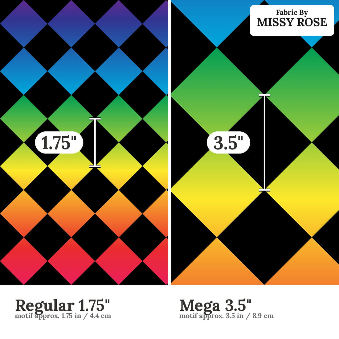 Countdown Collection 268 Regular 1.75 inch vs Mega 3.5 inch print scale side by side | Fabric by Missy Rose