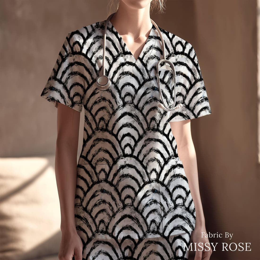 Countdown Collection 269 sewn into a scrub top - see how the print looks made up | Fabric by Missy Rose
