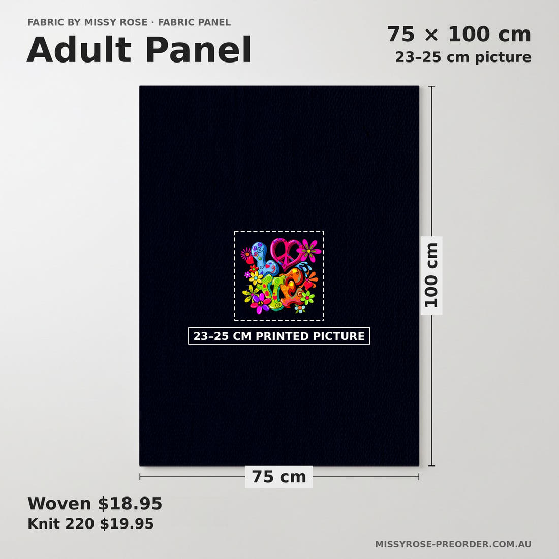 Design 1 Retro Panel adult panel sizing – 23–25 cm printed picture on 75 × 100 cm fabric | Fabric by Missy Rose