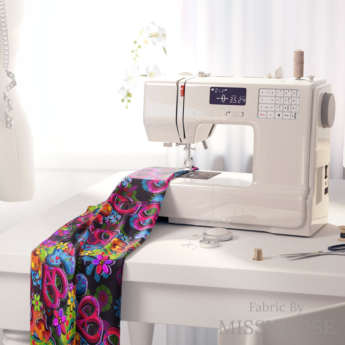 Design 1 Retro Fabric on a sewing machine – premium fabric for sewing projects | Fabric by Missy Rose
