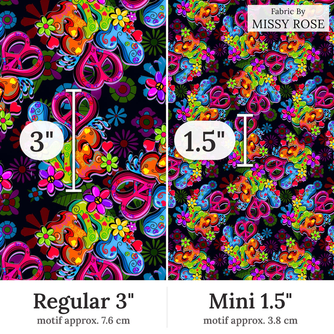 Design 1 Retro Fabric Regular 3 inch vs Mini 1.5 inch print scale side by side | Fabric by Missy Rose