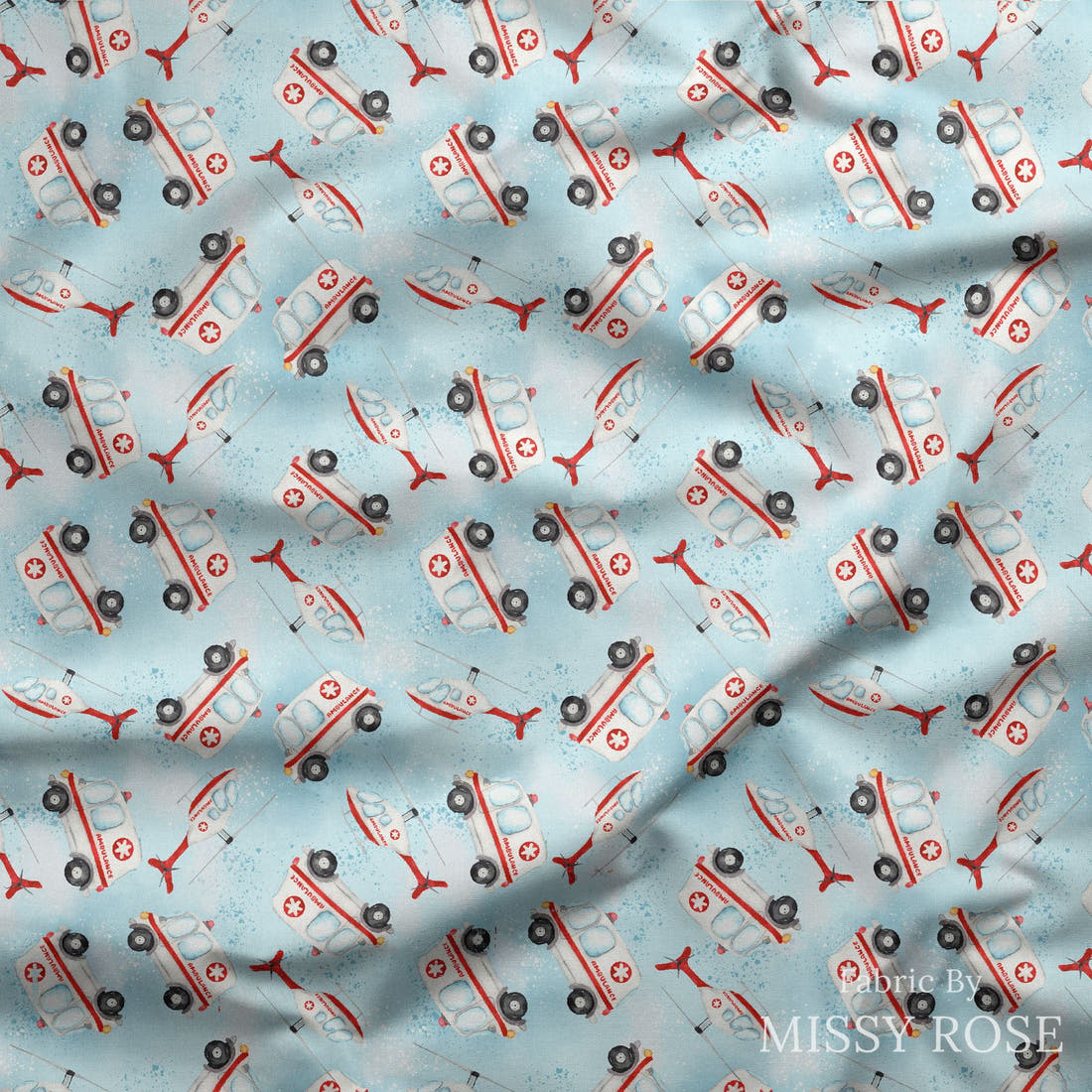 Design 10 Ambulance Fabric draped fabric mockup – custom printed fabric by the metre | Fabric by Missy Rose