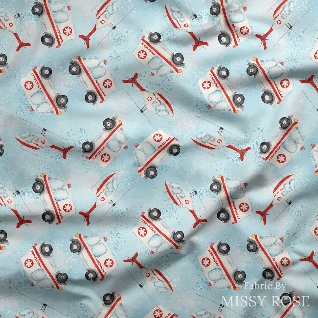 Design 10 Ambulance Fabric draped fabric mockup – custom printed fabric by the metre | Fabric by Missy Rose
