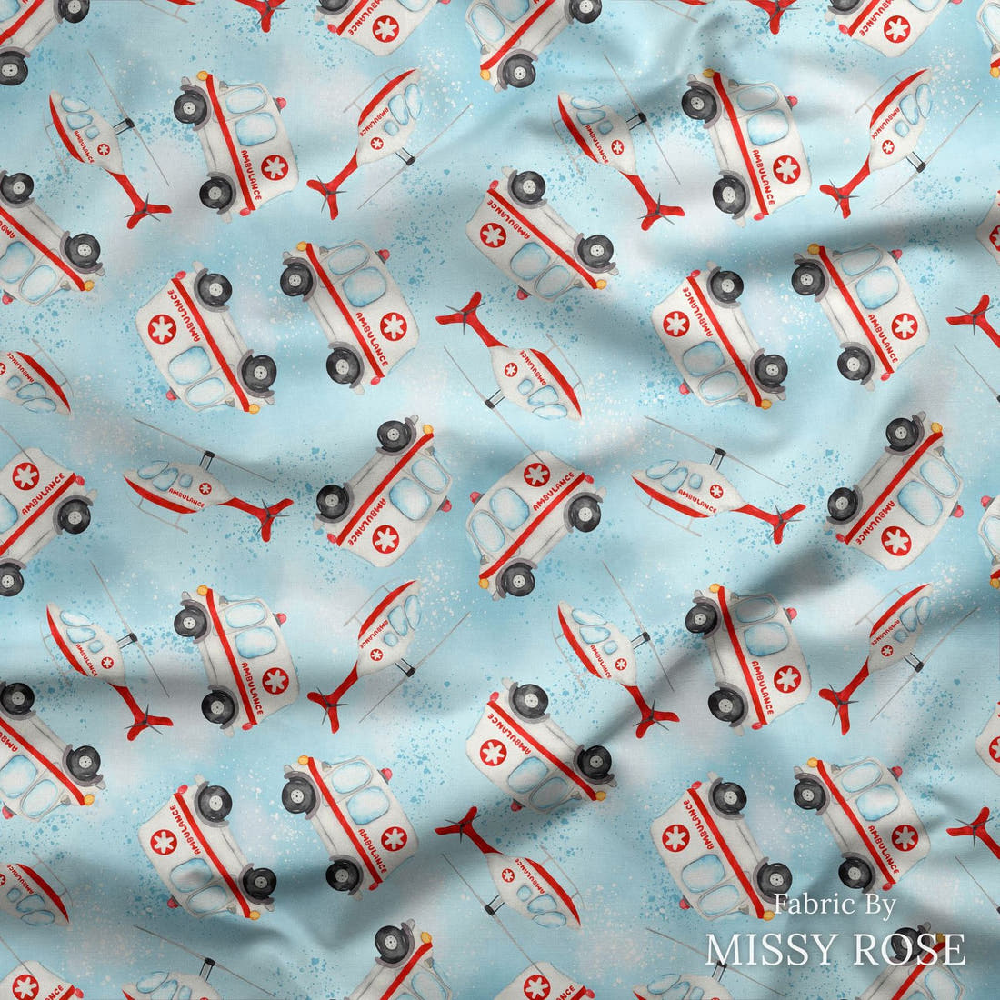 Design 10 Ambulance Fabric draped fabric mockup – custom printed fabric by the metre | Fabric by Missy Rose