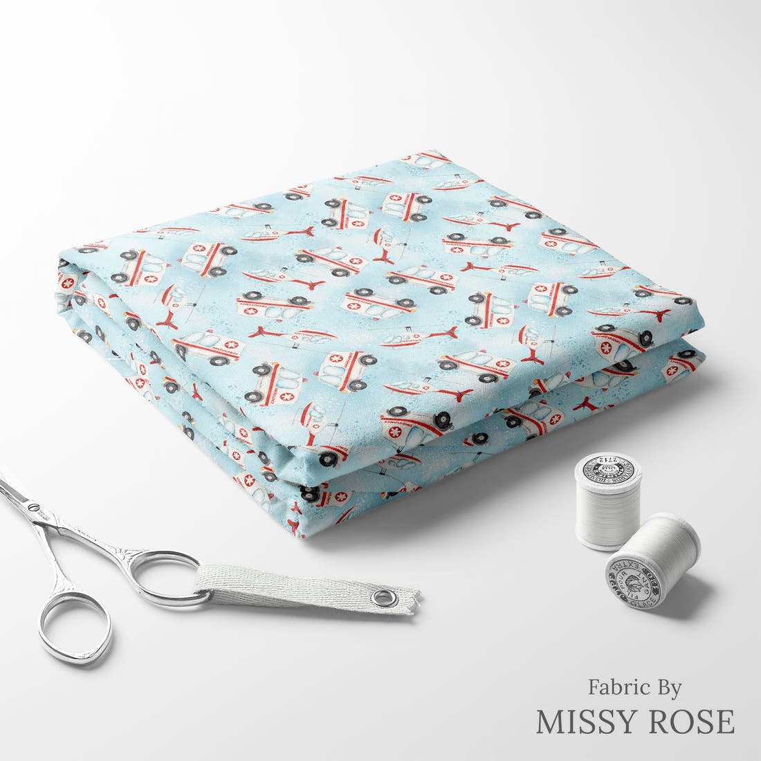 Design 10 Ambulance Fabric folded fabric stack with matching thread – pre-order fabric Australia | Fabric by Missy Rose