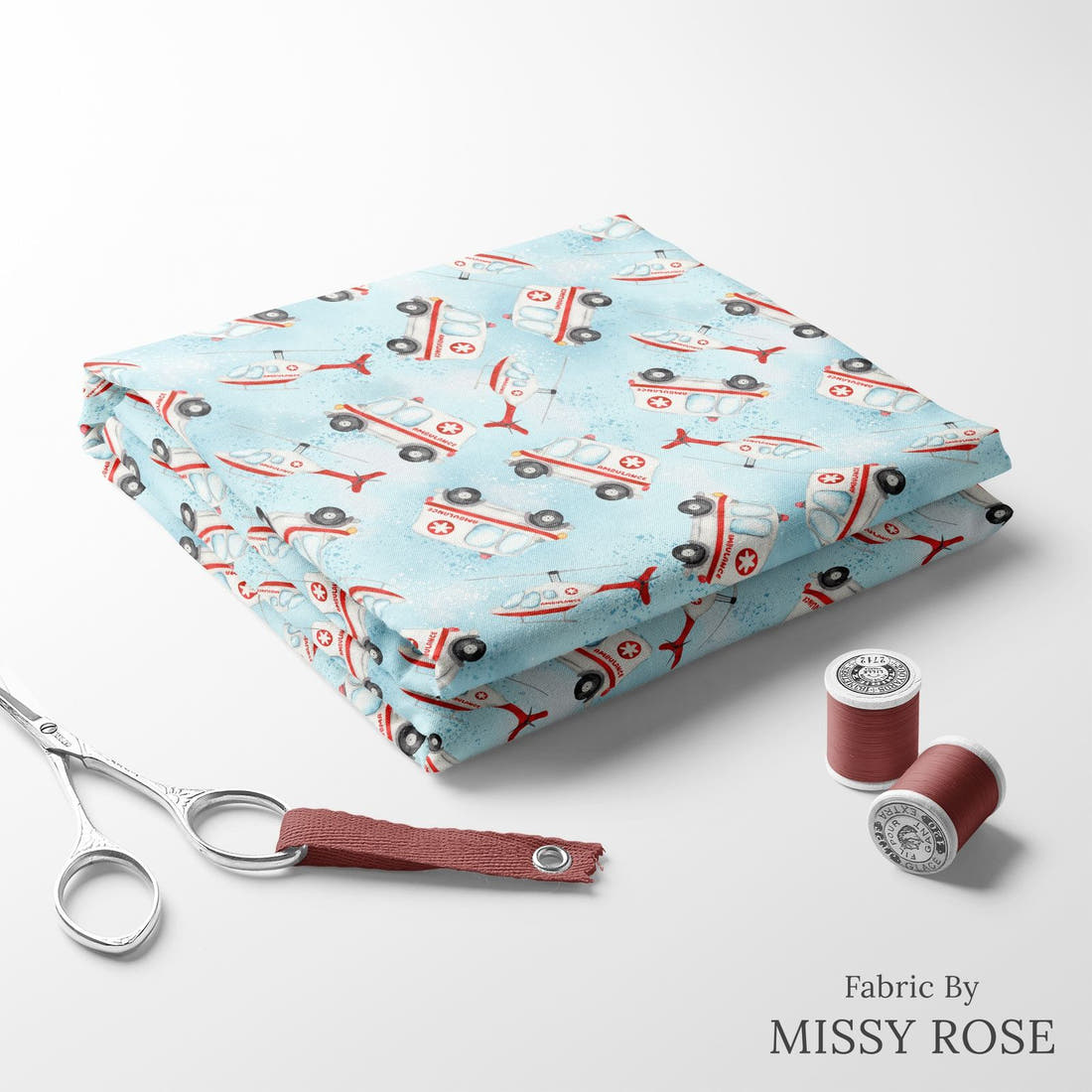 Design 10 Ambulance Fabric folded fabric stack with matching thread – pre-order fabric Australia | Fabric by Missy Rose