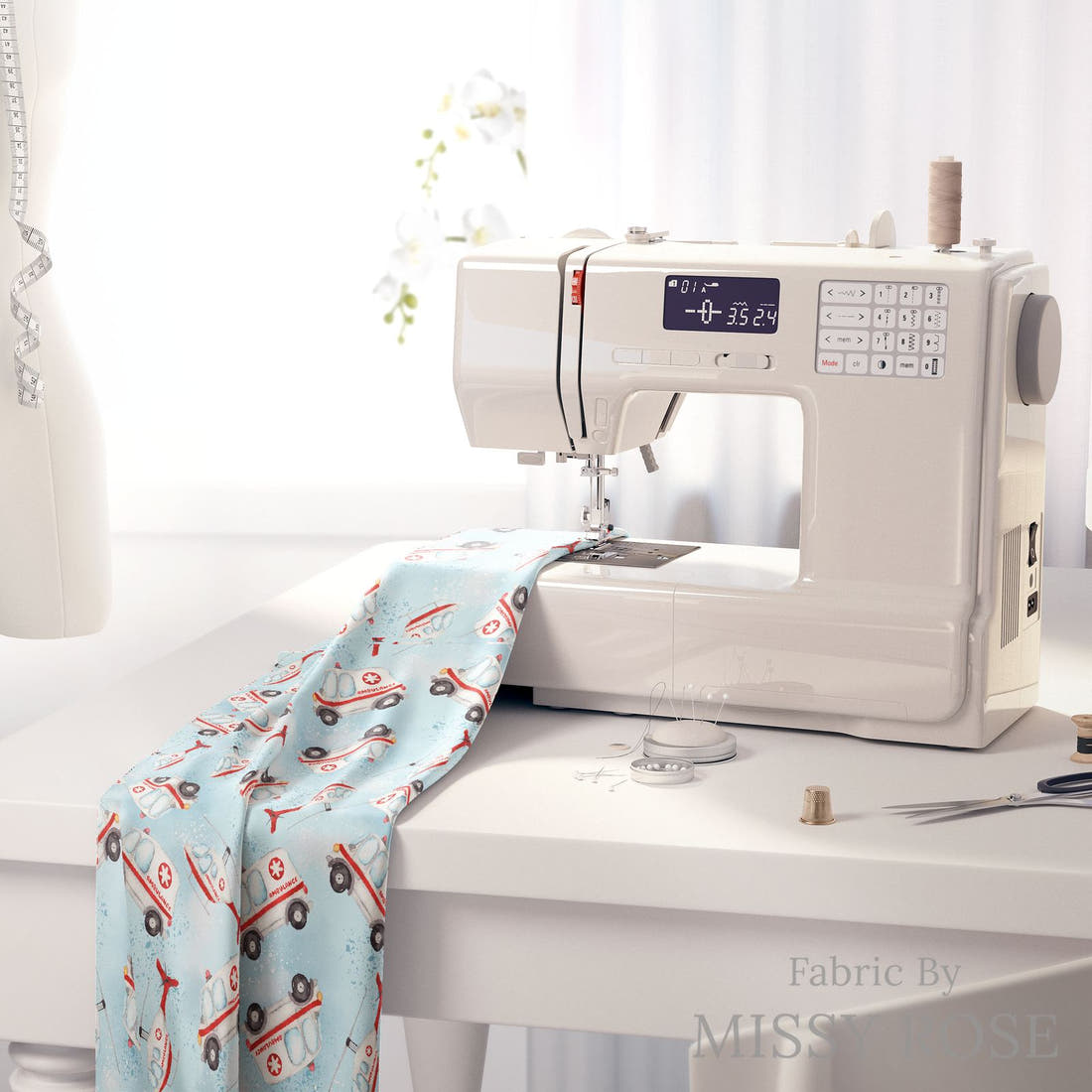 Design 10 Ambulance Fabric on a sewing machine – premium fabric for sewing projects | Fabric by Missy Rose