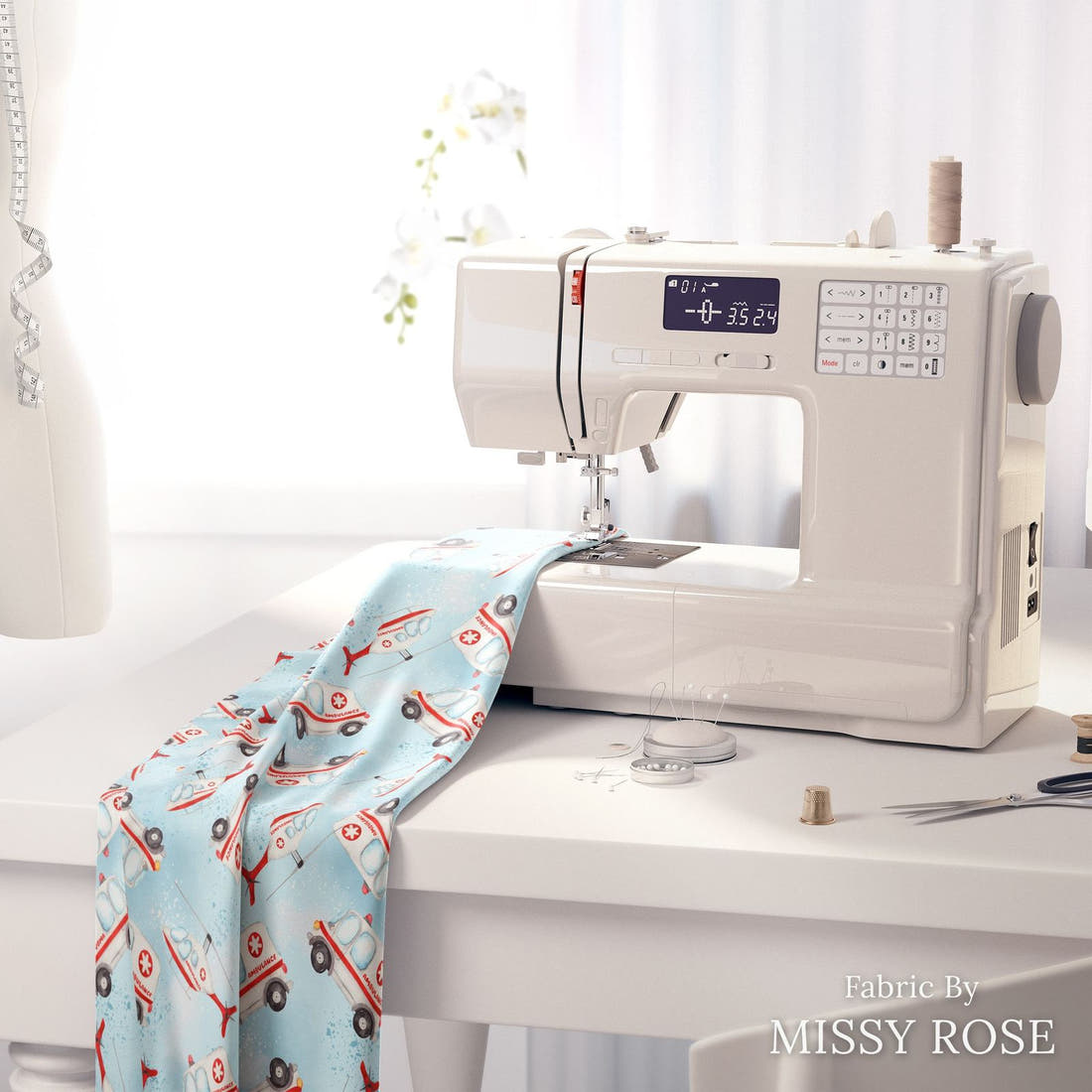 Design 10 Ambulance Fabric on a sewing machine – premium fabric for sewing projects | Fabric by Missy Rose