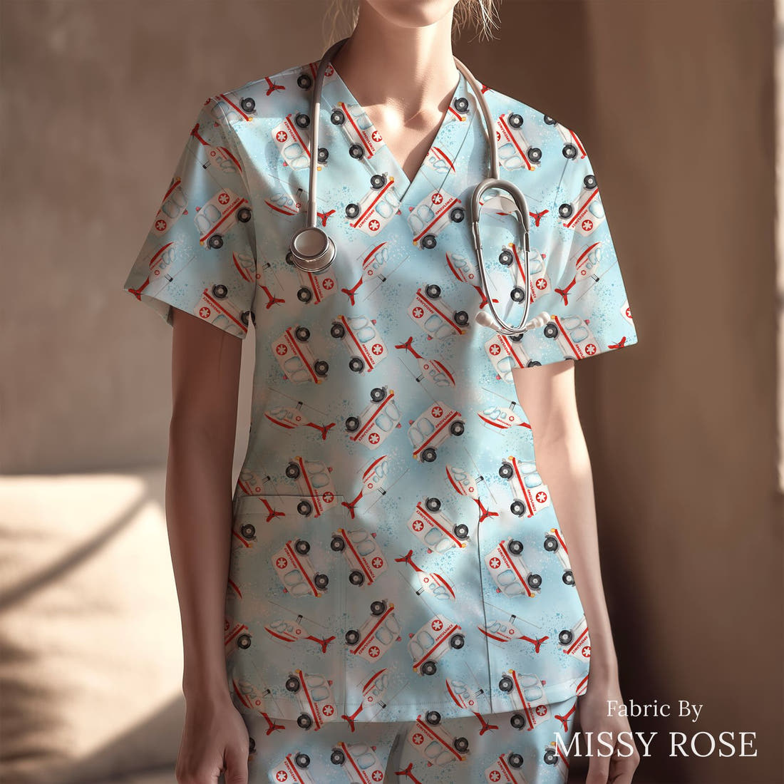 Design 10 Ambulance Fabric sewn into a scrubs top – see how the print looks made up | Fabric by Missy Rose