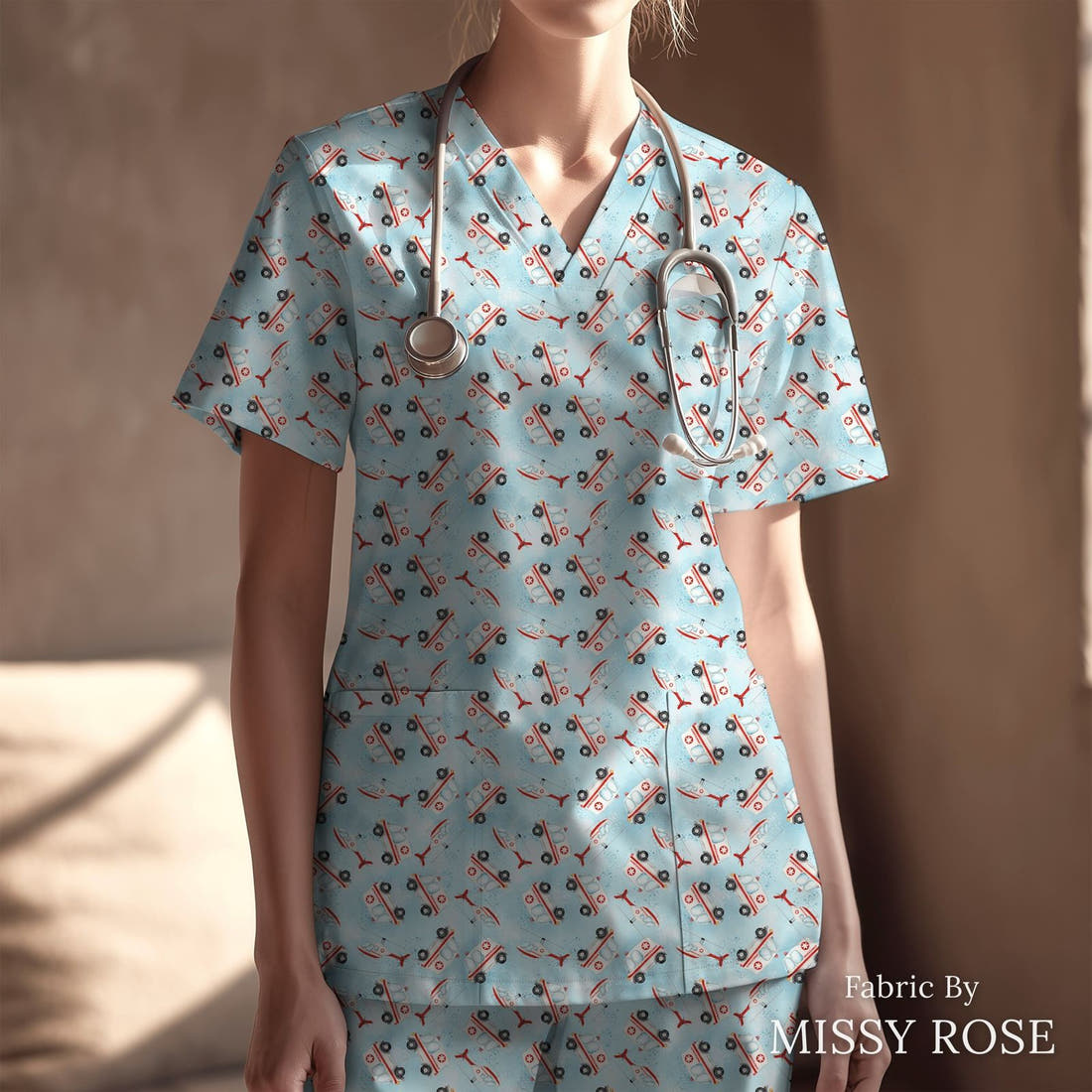 Design 10 Ambulance Fabric sewn into a scrubs top – see how the print looks made up | Fabric by Missy Rose