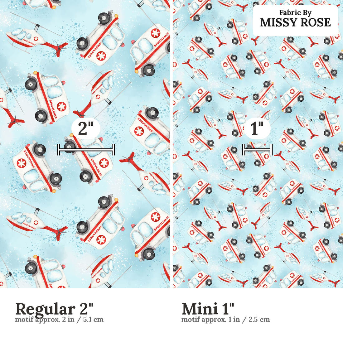 Design 10 Ambulance Fabric size comparison - print scale | Fabric by Missy Rose