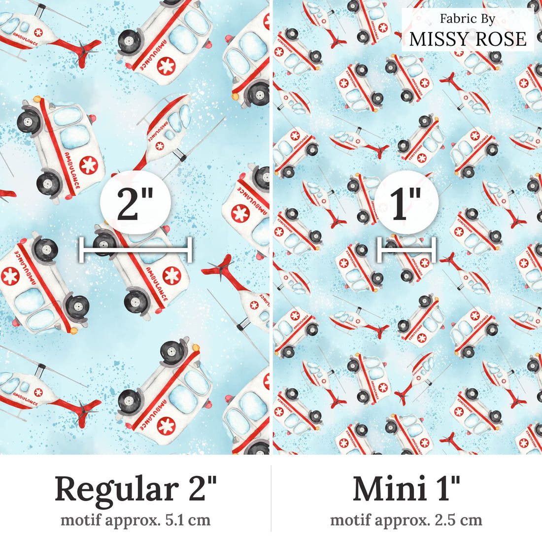 Design 10 Ambulance Fabric Regular 2 inch vs Mini 1 inch print scale side by side | Fabric by Missy Rose