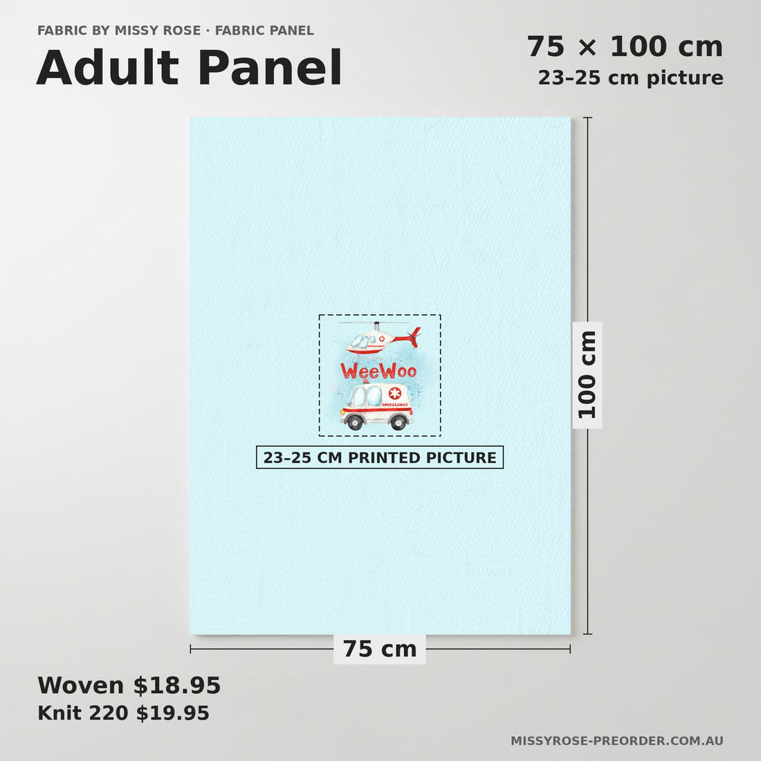 Design 10 Ambulance Panel adult panel sizing – 23–25 cm printed picture on 75 × 100 cm fabric | Fabric by Missy Rose