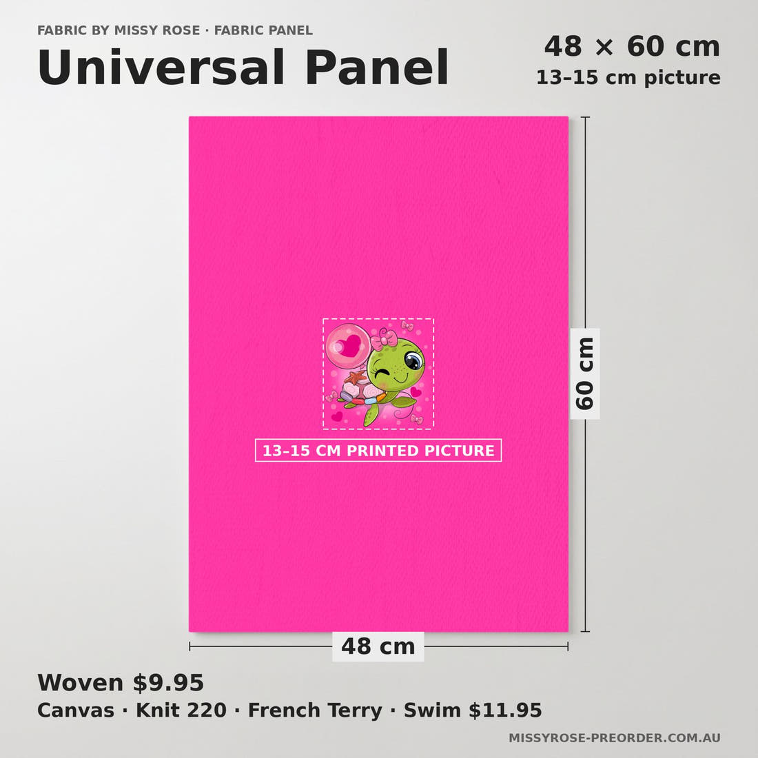 Design 100 Pink Turtle Panel universal panel sizing – 13–15 cm printed picture on 48 × 60 cm fabric | Fabric by Missy Rose
