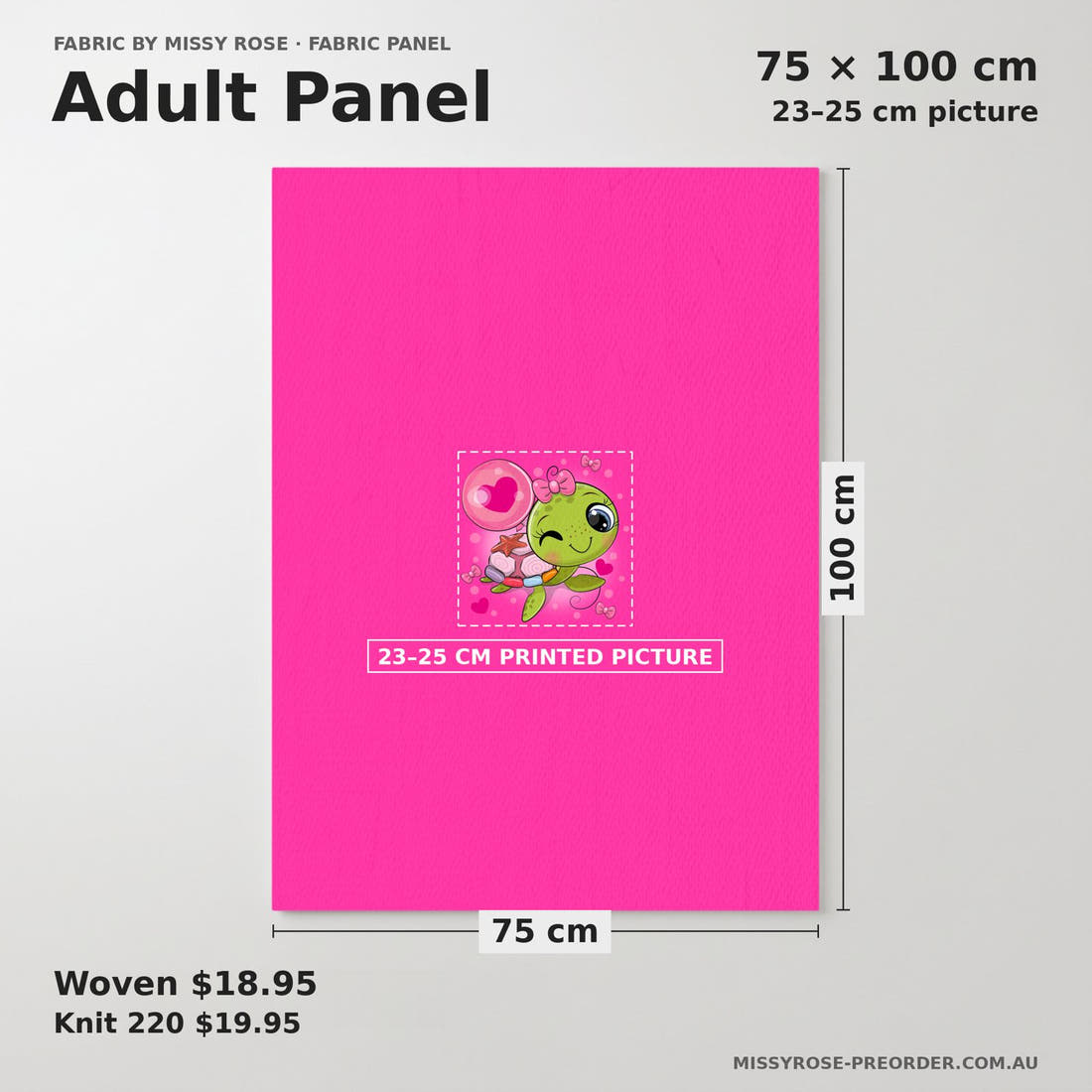 Design 100 Pink Turtle Panel adult panel sizing – 23–25 cm printed picture on 75 × 100 cm fabric | Fabric by Missy Rose