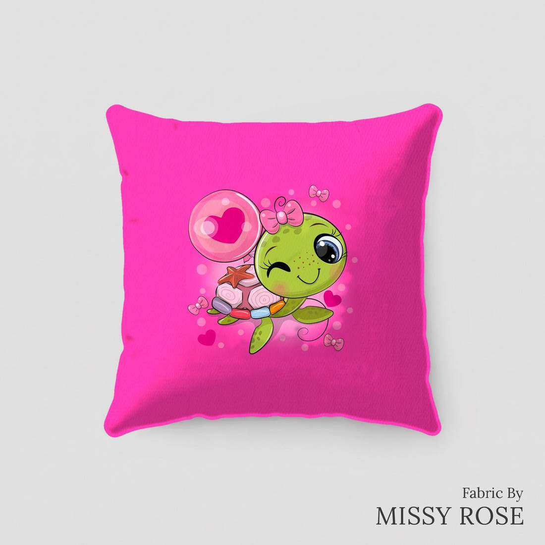 Design 100 Pink Turtle Panel sewn into a cushion – see how the panel looks made up | Fabric by Missy Rose