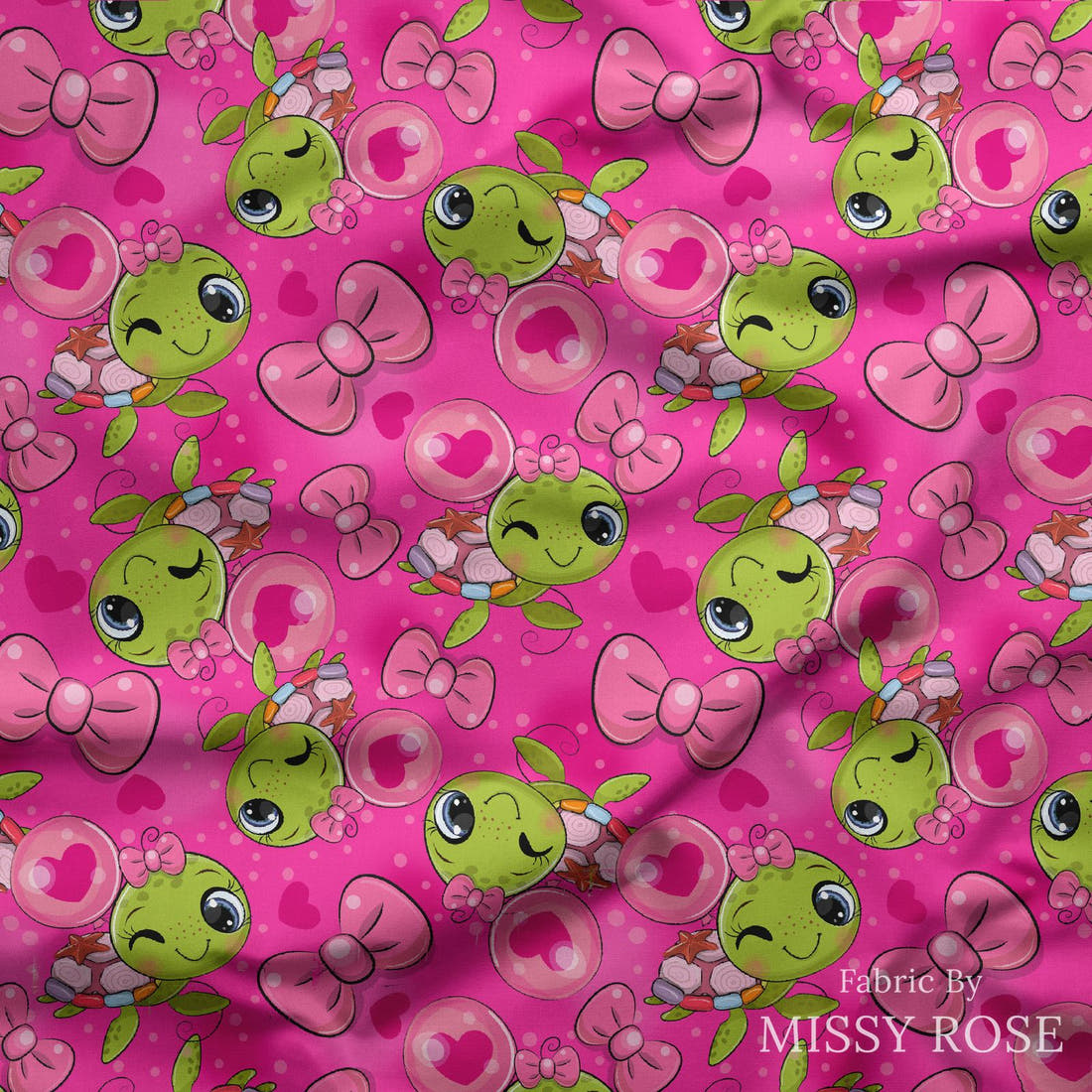 Design 100 Pink Turtle Fabric draped fabric mockup – custom printed fabric by the metre | Fabric by Missy Rose
