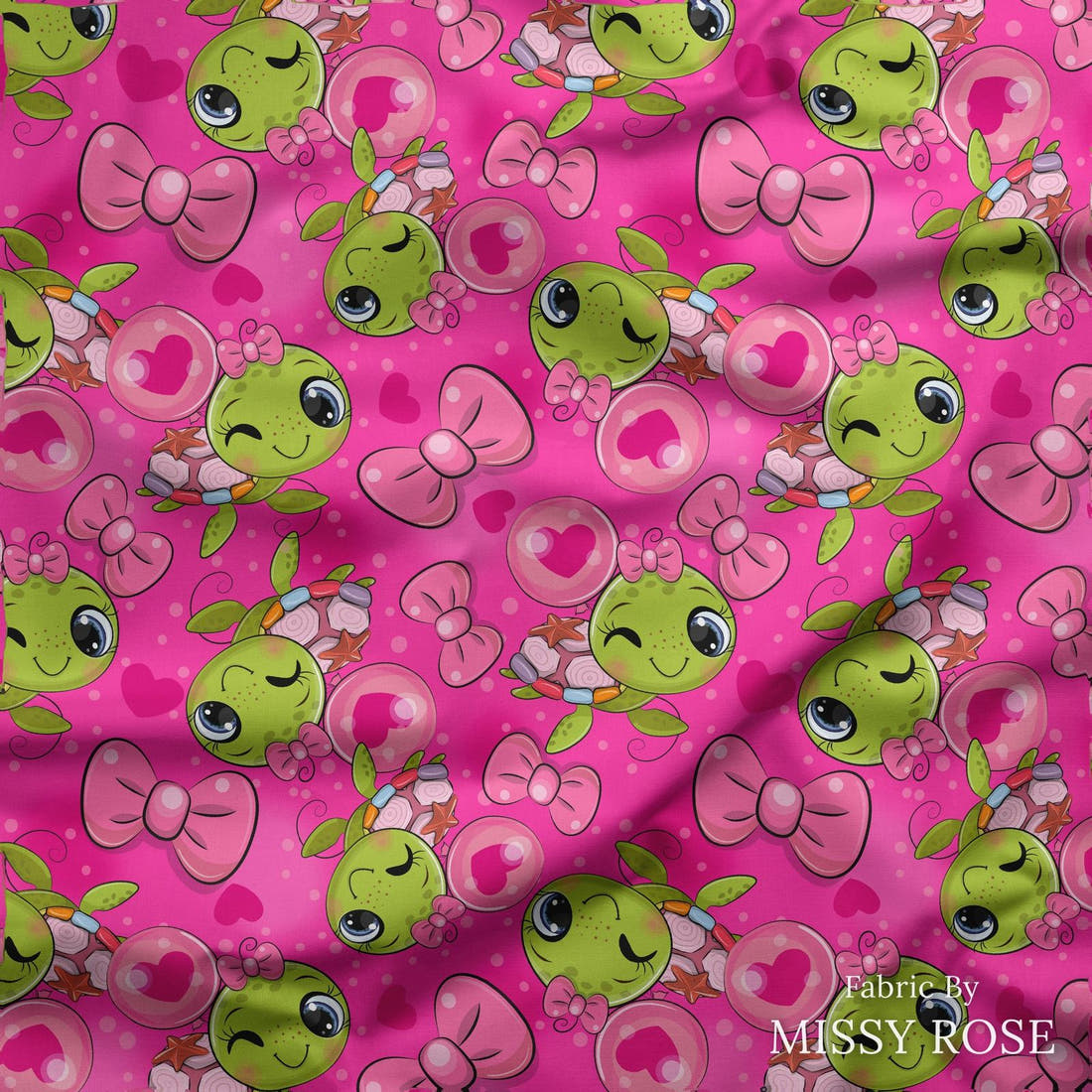 Design 100 Pink Turtle Fabric draped fabric mockup – custom printed fabric by the metre | Fabric by Missy Rose
