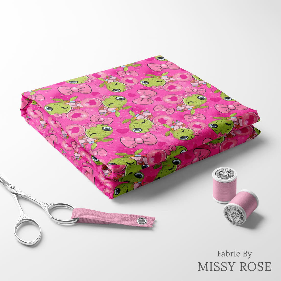 Design 100 Pink Turtle Fabric folded fabric stack with matching thread – pre-order fabric Australia | Fabric by Missy Rose