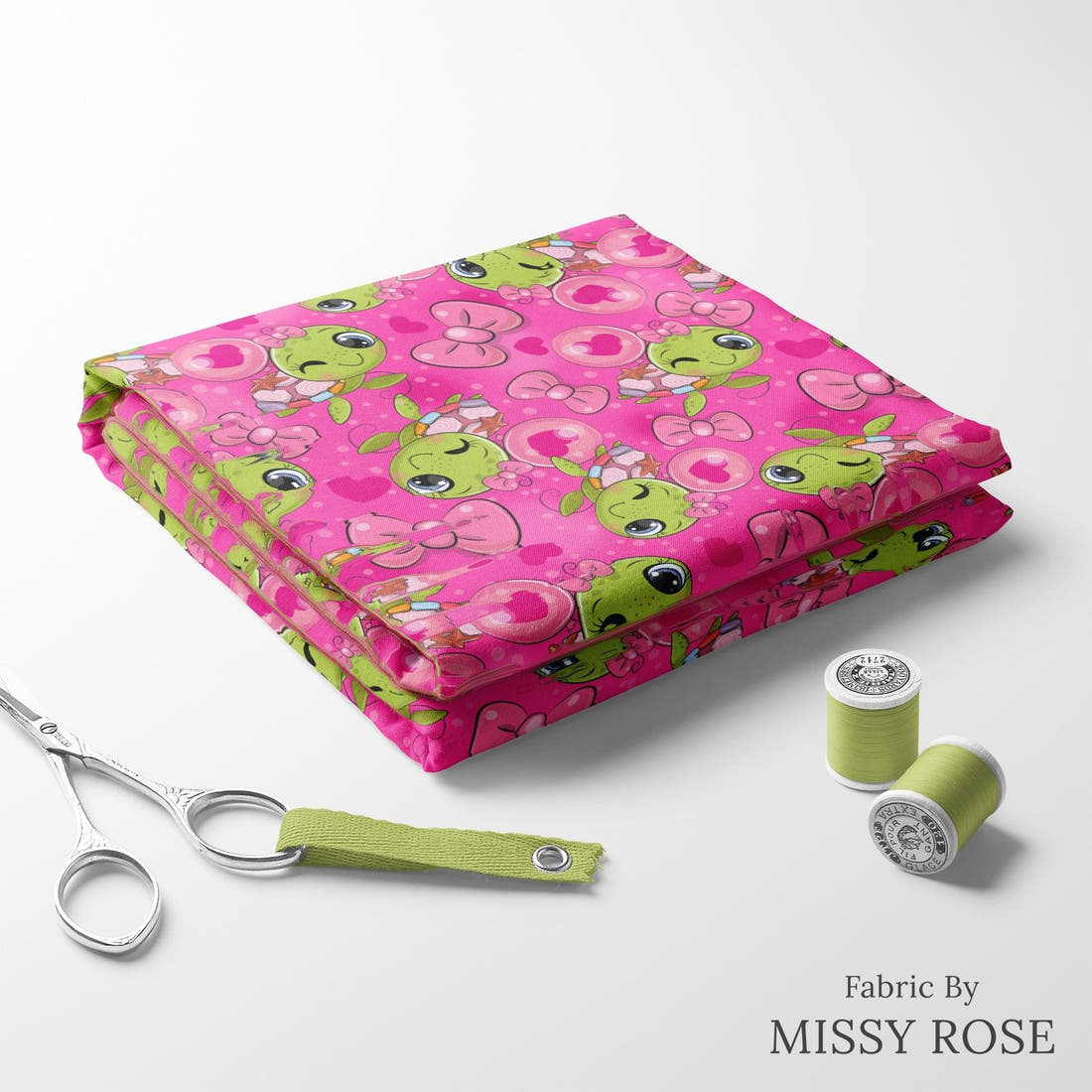 Design 100 Pink Turtle Fabric folded fabric stack with matching thread – pre-order fabric Australia | Fabric by Missy Rose