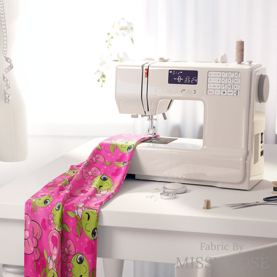 Design 100 Pink Turtle Fabric on a sewing machine – premium fabric for sewing projects | Fabric by Missy Rose