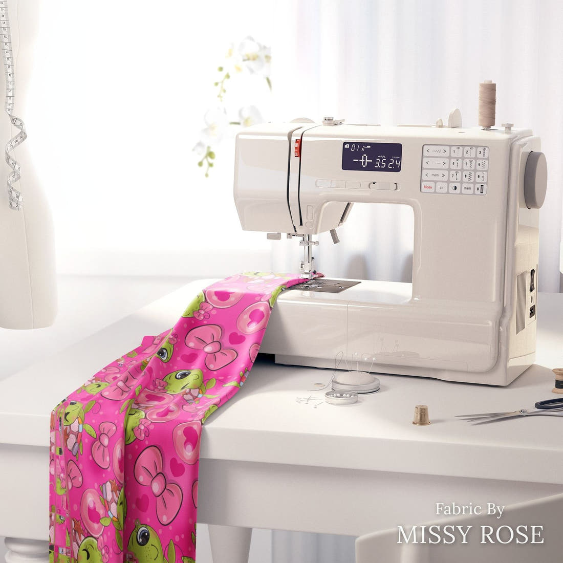 Design 100 Pink Turtle Fabric on a sewing machine – premium fabric for sewing projects | Fabric by Missy Rose