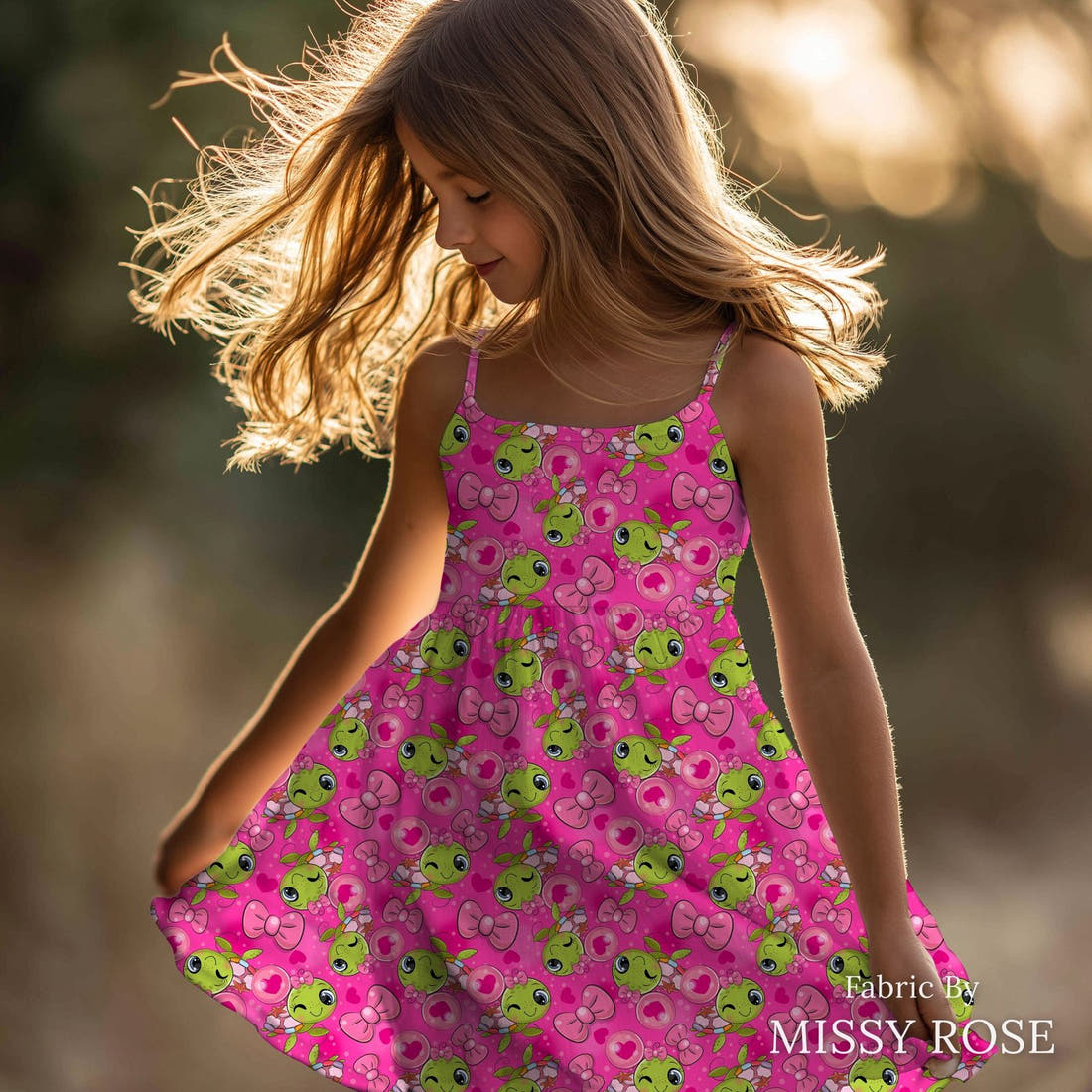 Design 100 Pink Turtle Fabric sewn into a girls' dress – see how the print looks made up | Fabric by Missy Rose