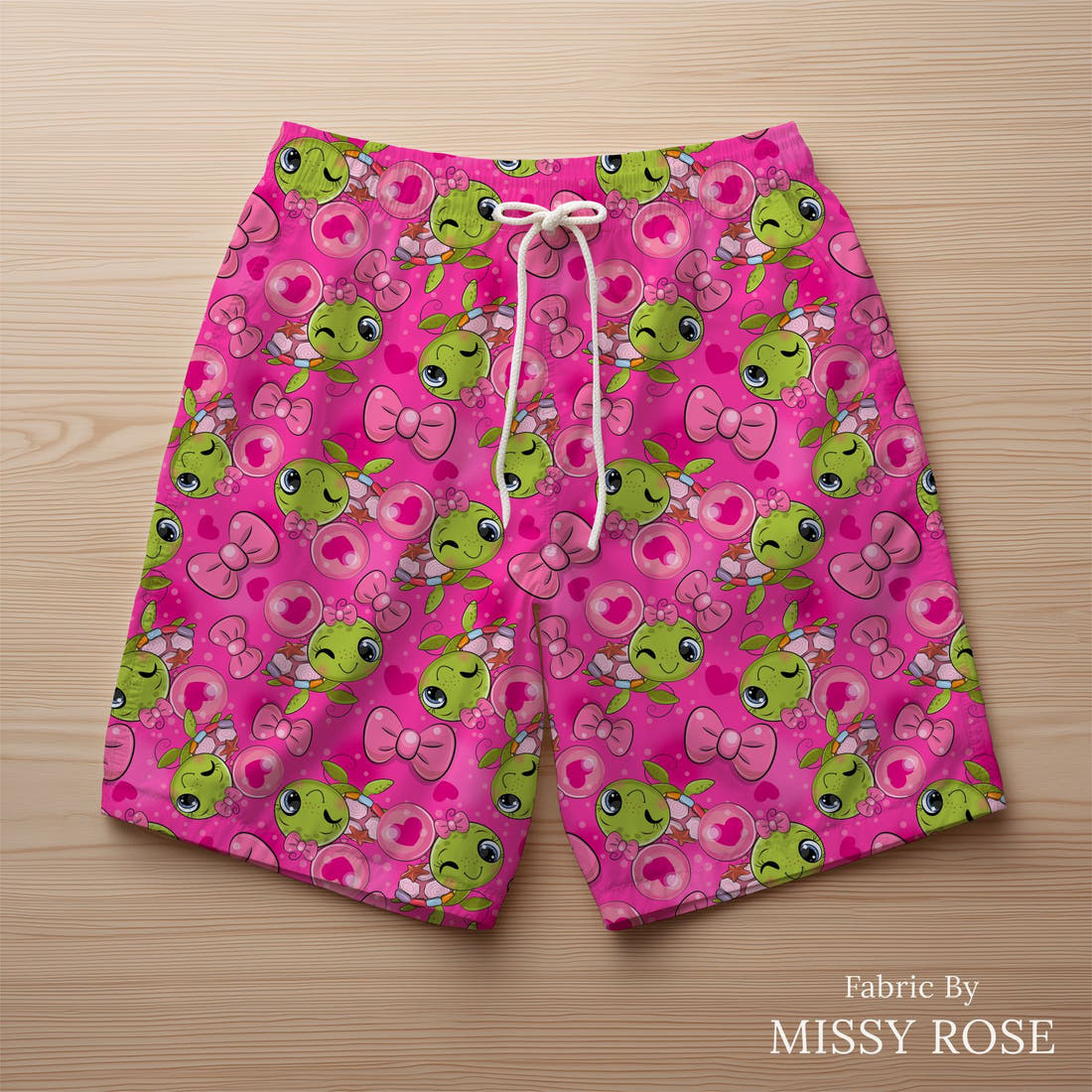 Design 100 Pink Turtle Fabric sewn into swim shorts – see how the print looks made up | Fabric by Missy Rose