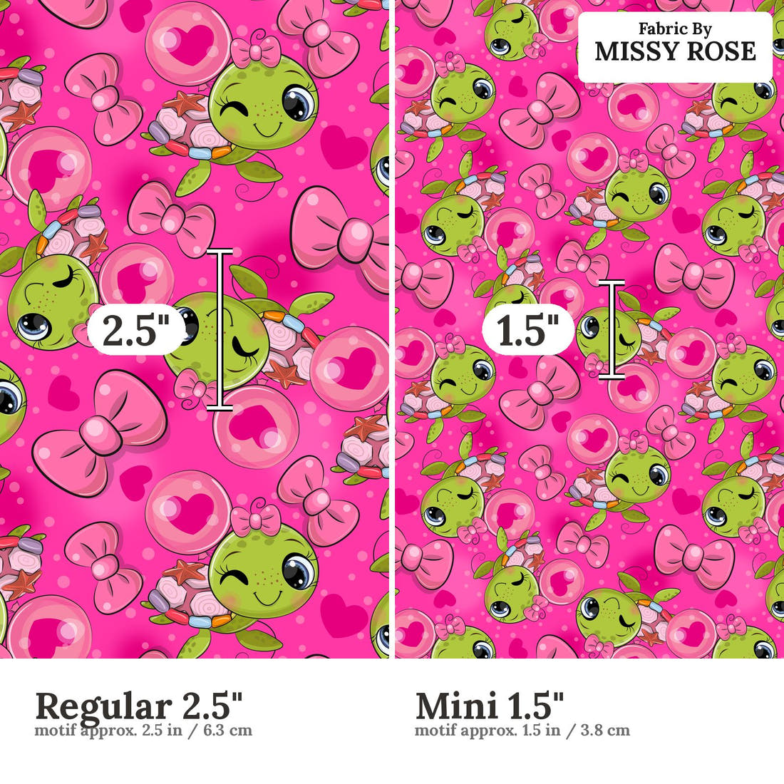 Design 100 Pink Turtle Fabric size comparison - print scale | Fabric by Missy Rose