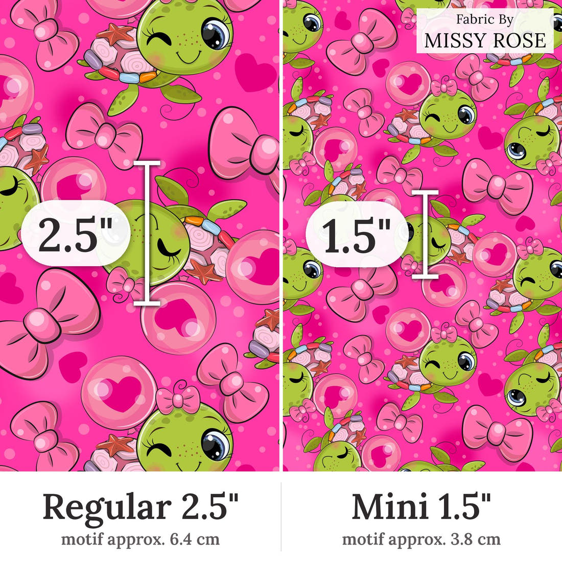 Design 100 Pink Turtle Fabric Regular 2.5 inch vs Mini 1.5 inch print scale side by side | Fabric by Missy Rose