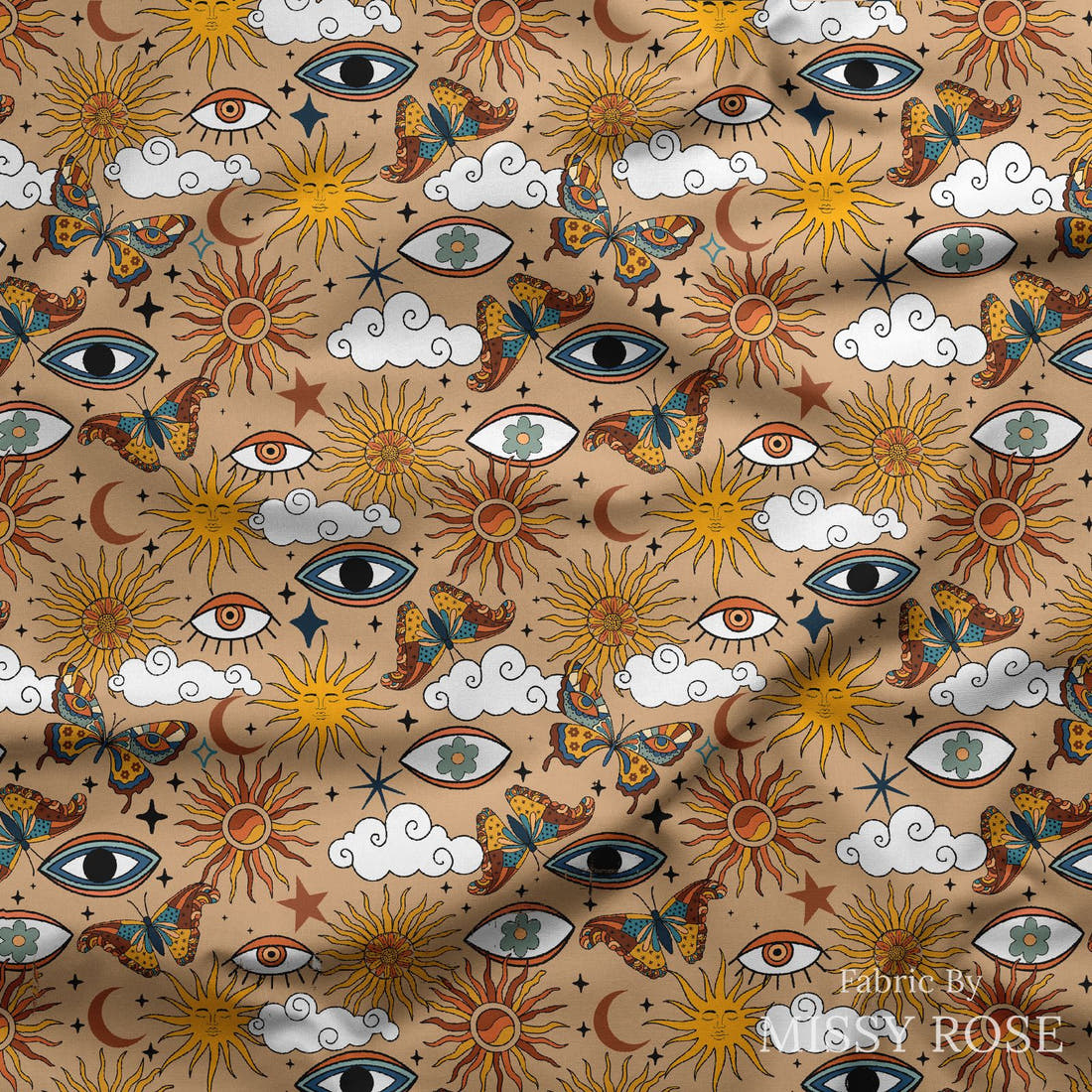 Design 1000 Boho Sun Fabric draped fabric mockup – custom printed fabric by the metre | Fabric by Missy Rose
