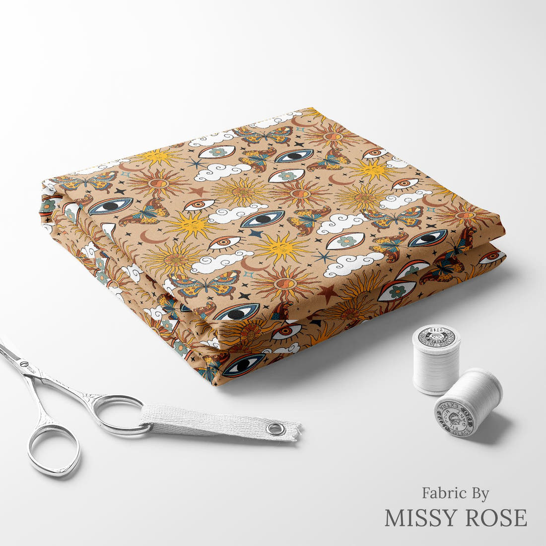 Design 1000 Boho Sun Fabric folded fabric stack with matching thread – pre-order fabric Australia | Fabric by Missy Rose