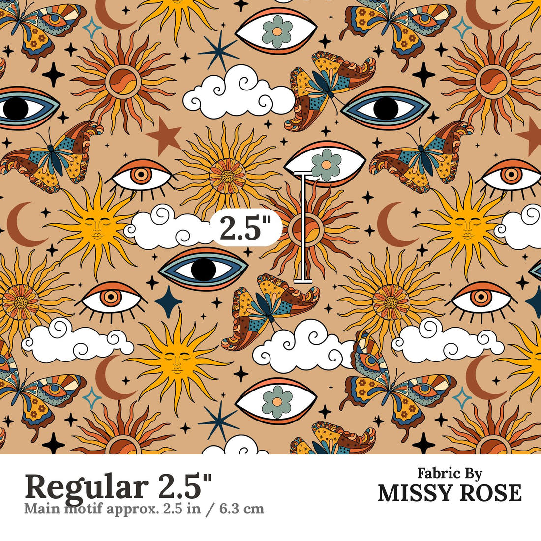 Design 1000 Boho Sun Fabric Regular 2.5 inch print scale guide | Fabric by Missy Rose