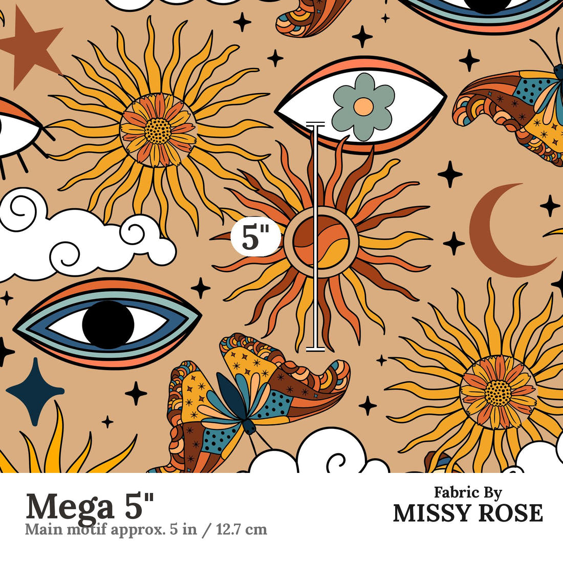 Design 1000 Boho Sun Fabric Mega 5 inch print scale guide | Fabric by Missy Rose