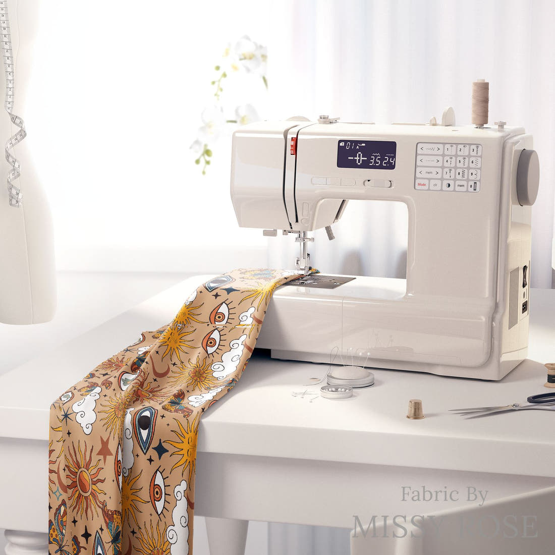 Design 1000 Boho Sun Fabric on a sewing machine – premium fabric for sewing projects | Fabric by Missy Rose