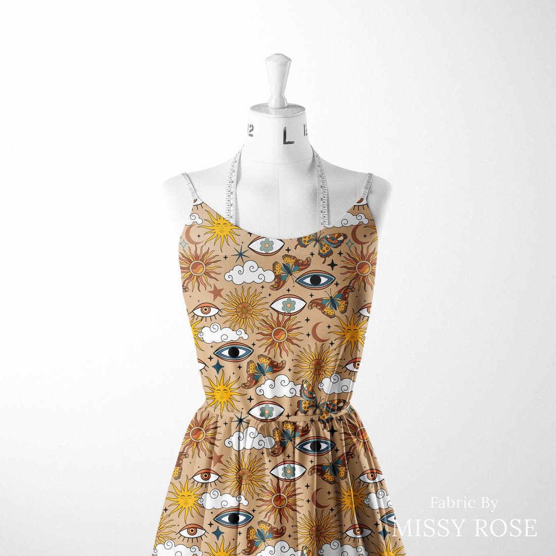 Design 1000 Boho Sun Fabric sewn into a women's dress – see how the print looks made up | Fabric by Missy Rose
