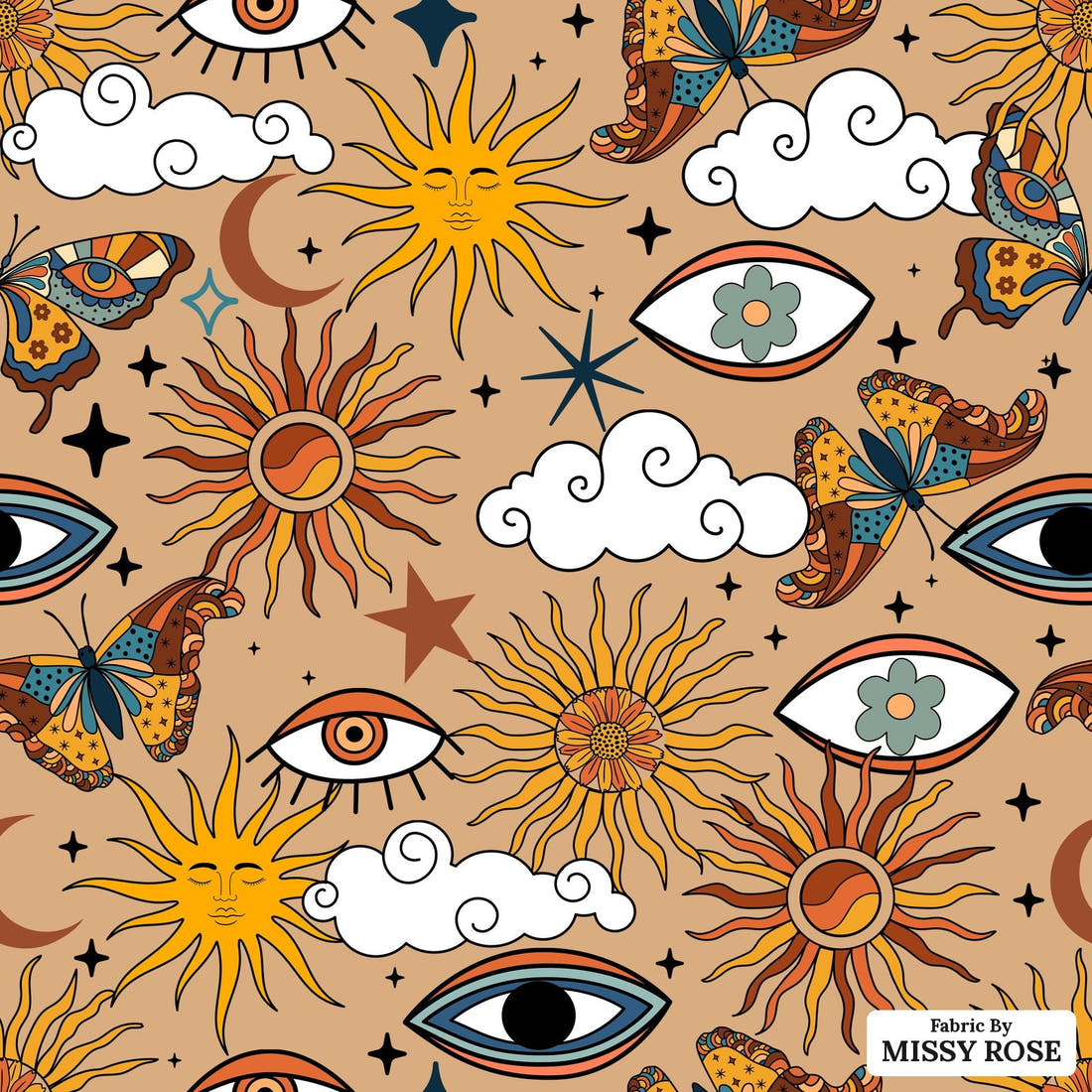 Design 1000 Boho Sun Fabric – flat view of the print, zoom in for detail | Fabric by Missy Rose
