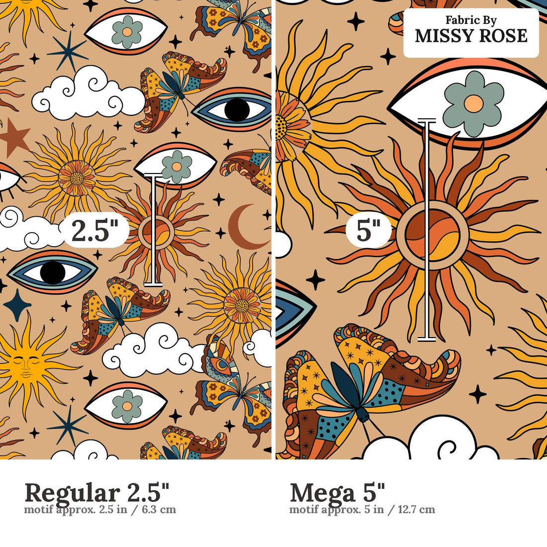 Design 1000 Boho Sun Fabric Regular 2.5 inch vs Mega 5 inch print scale side by side | Fabric by Missy Rose