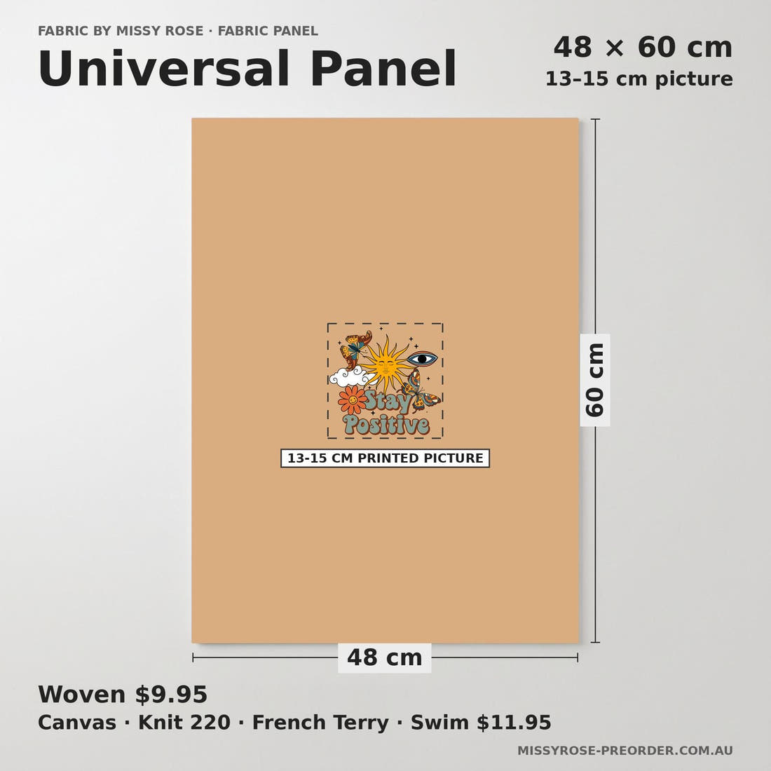 Design 1000 Boho Sun Panel universal panel sizing – 13–15 cm printed picture on 48 × 60 cm fabric | Fabric by Missy Rose