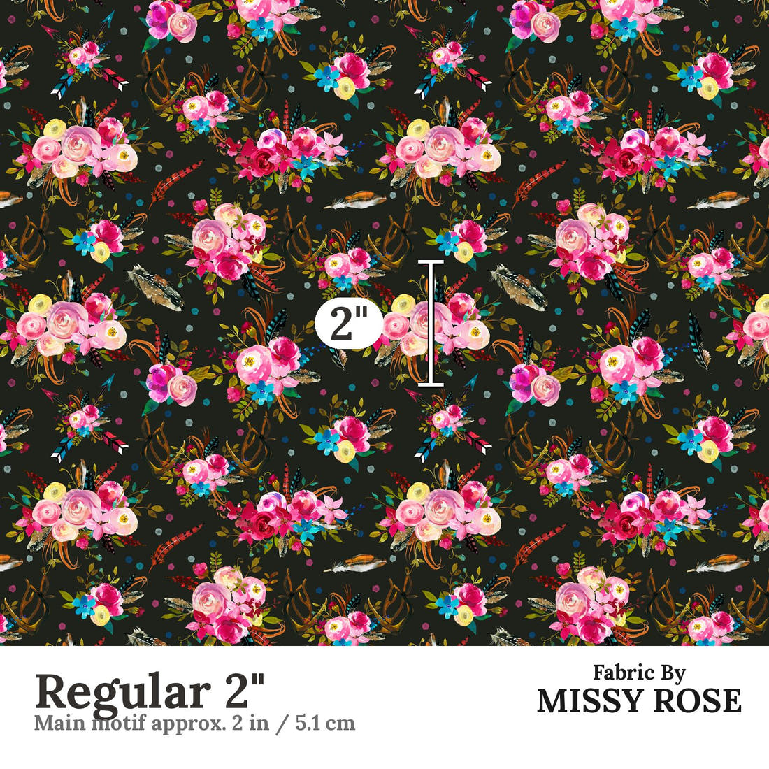 Design 1001 Black Floral Fabric Regular 2 inch print scale guide | Fabric by Missy Rose