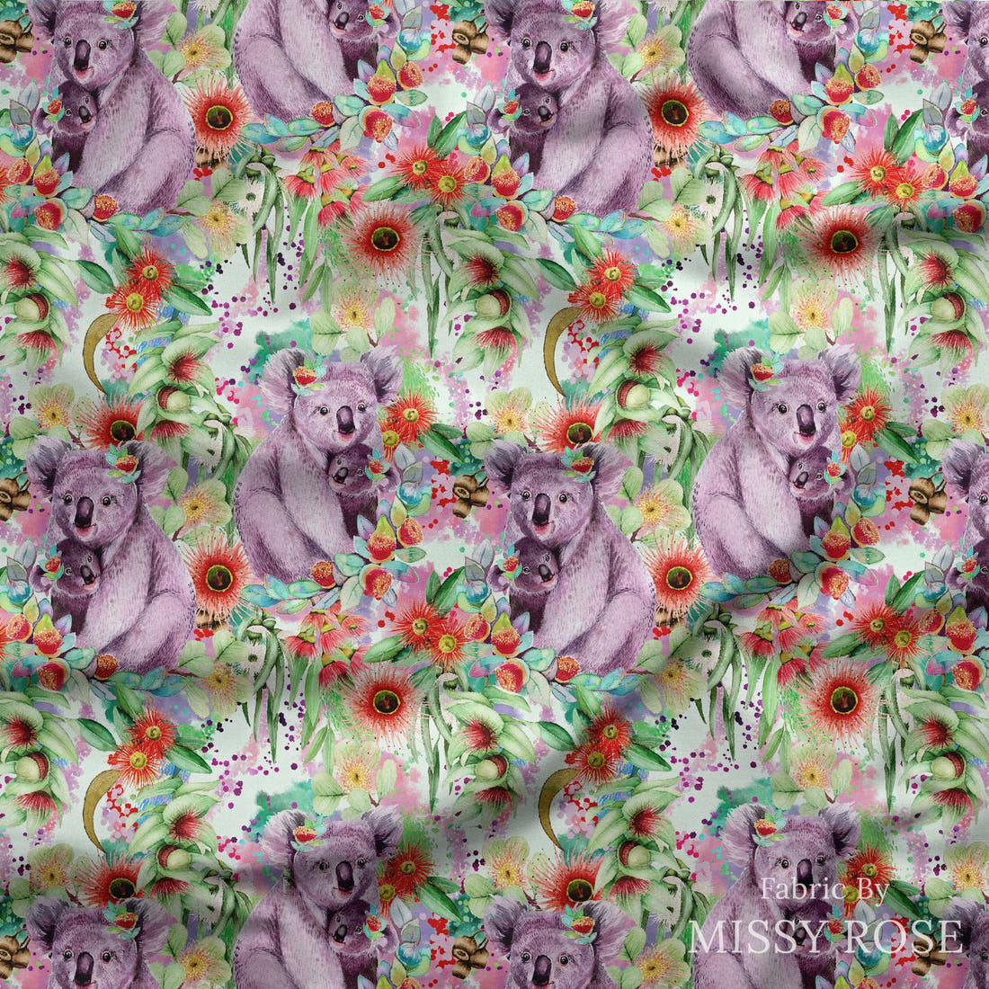 Design 1002 Green Koala Fabric draped fabric mockup – custom printed fabric by the metre | Fabric by Missy Rose