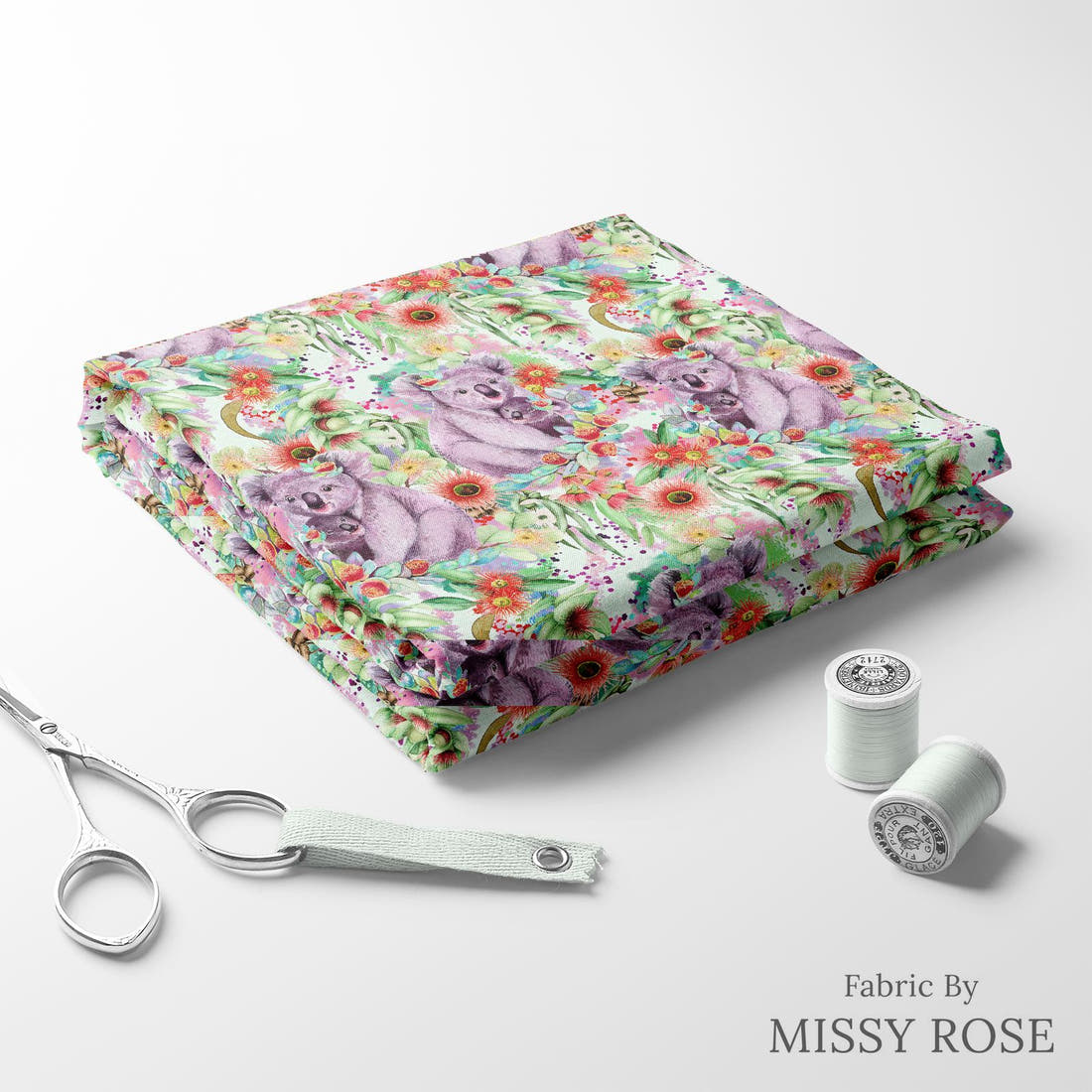 Design 1002 Green Koala Fabric folded fabric stack with matching thread – pre-order fabric Australia | Fabric by Missy Rose