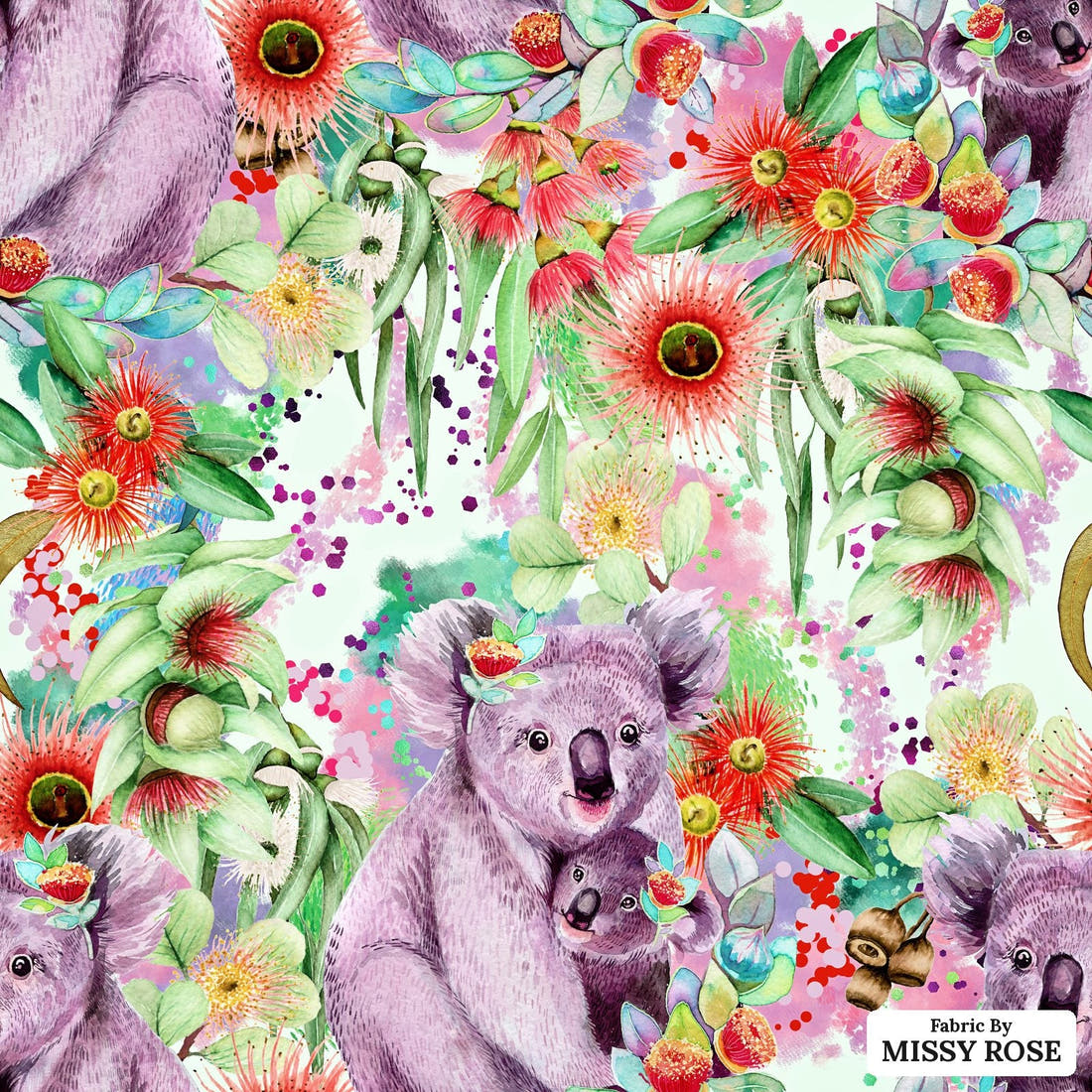 Design 1002 Green Koala Fabric – flat view of the print, zoom in for detail | Fabric by Missy Rose