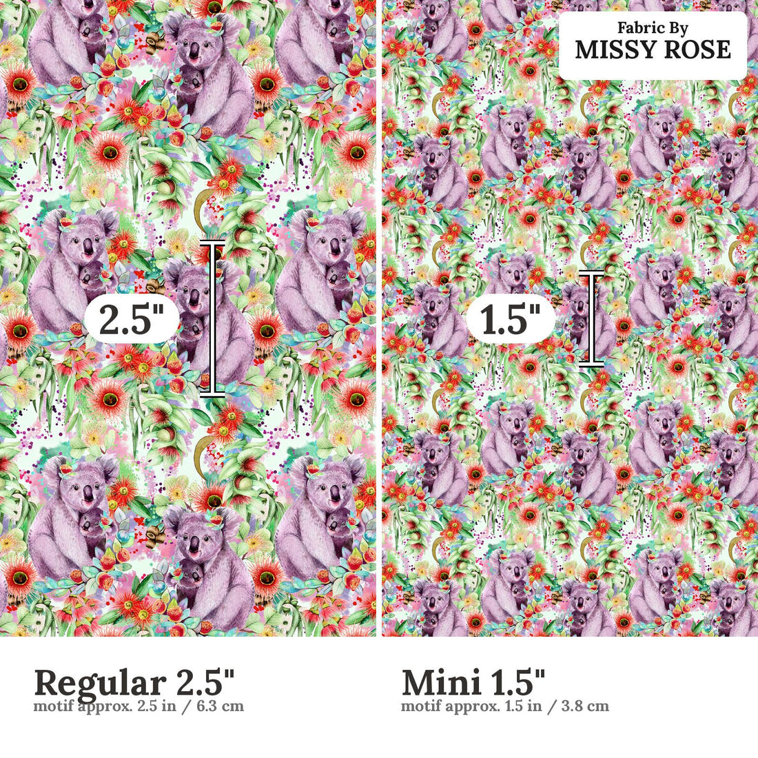 Design 1002 Green Koala Fabric Regular 2.5 inch vs Mini 1.5 inch print scale side by side | Fabric by Missy Rose