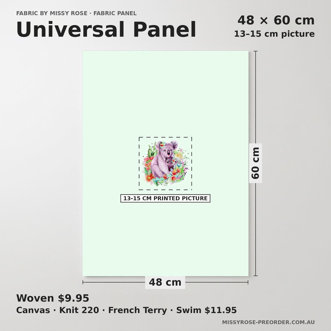 Design 1002 Green Koala Panel universal panel sizing – 13–15 cm printed picture on 48 × 60 cm fabric | Fabric by Missy Rose