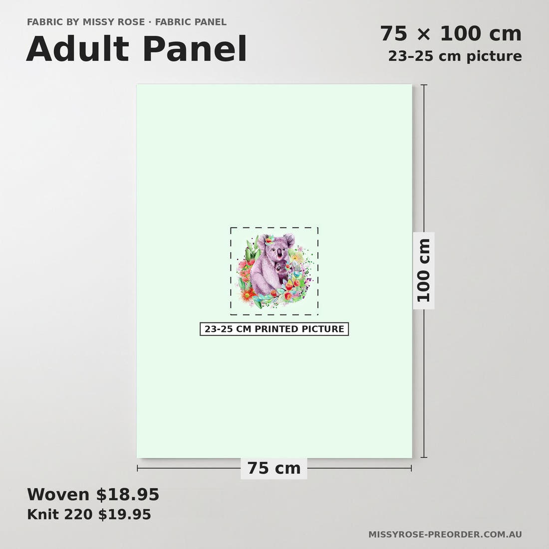 Design 1002 Green Koala Panel adult panel sizing – 23–25 cm printed picture on 75 × 100 cm fabric | Fabric by Missy Rose