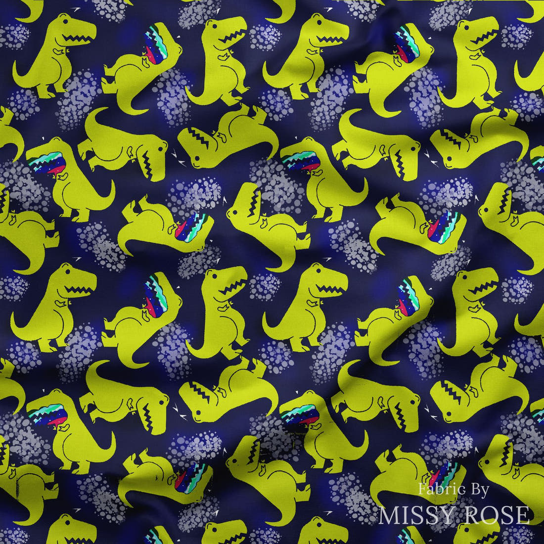 Design 1003 Navy Dinosaur Fabric draped fabric mockup – custom printed fabric by the metre | Fabric by Missy Rose