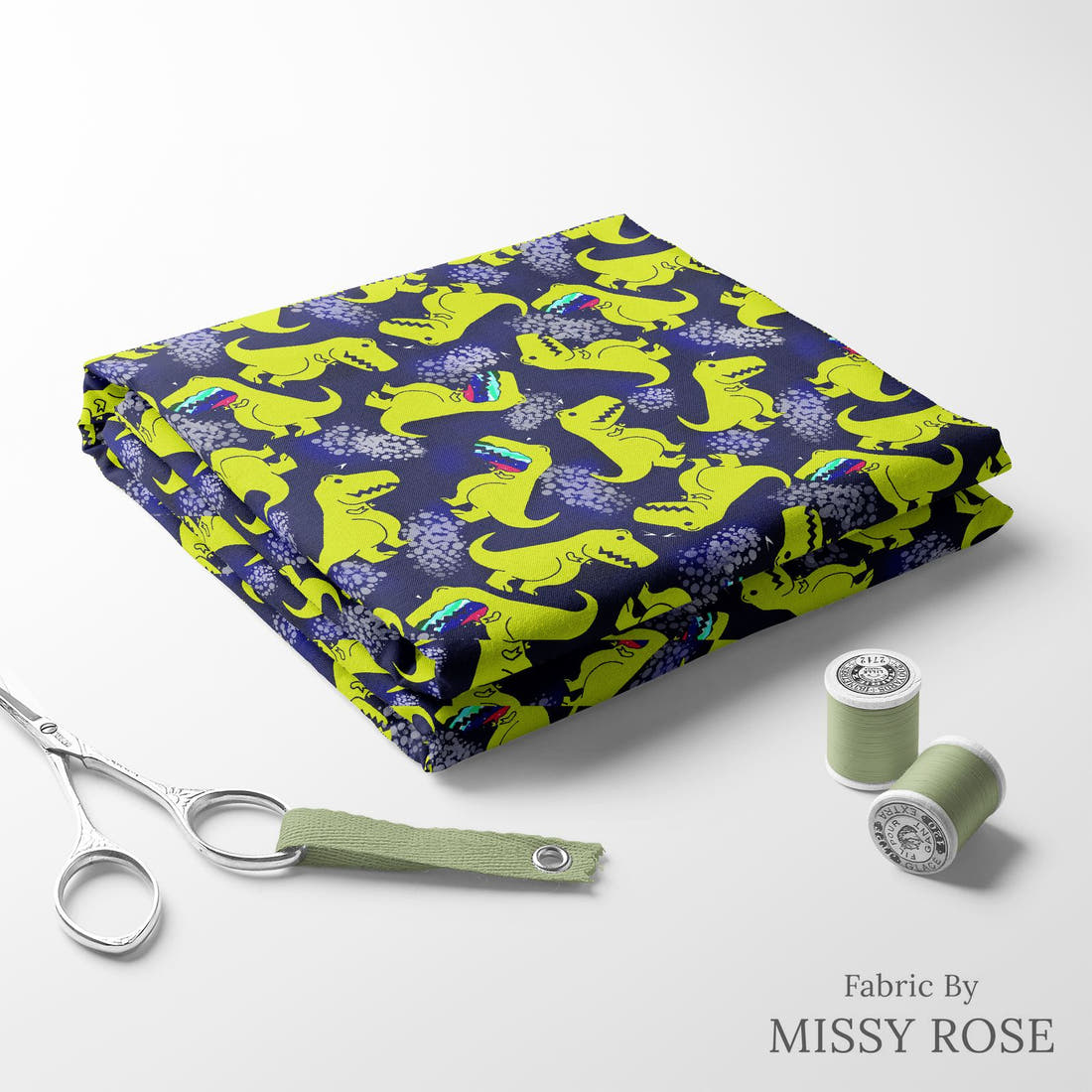 Design 1003 Navy Dinosaur Fabric folded fabric stack with matching thread – pre-order fabric Australia | Fabric by Missy Rose