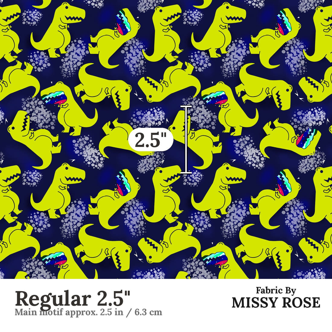 Design 1003 Navy Dinosaur Fabric Regular 2.5 inch print scale guide | Fabric by Missy Rose