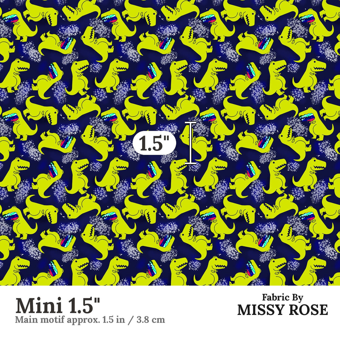 Design 1003 Navy Dinosaur Fabric Mini 1.5 inch print scale guide | Fabric by Missy Rose